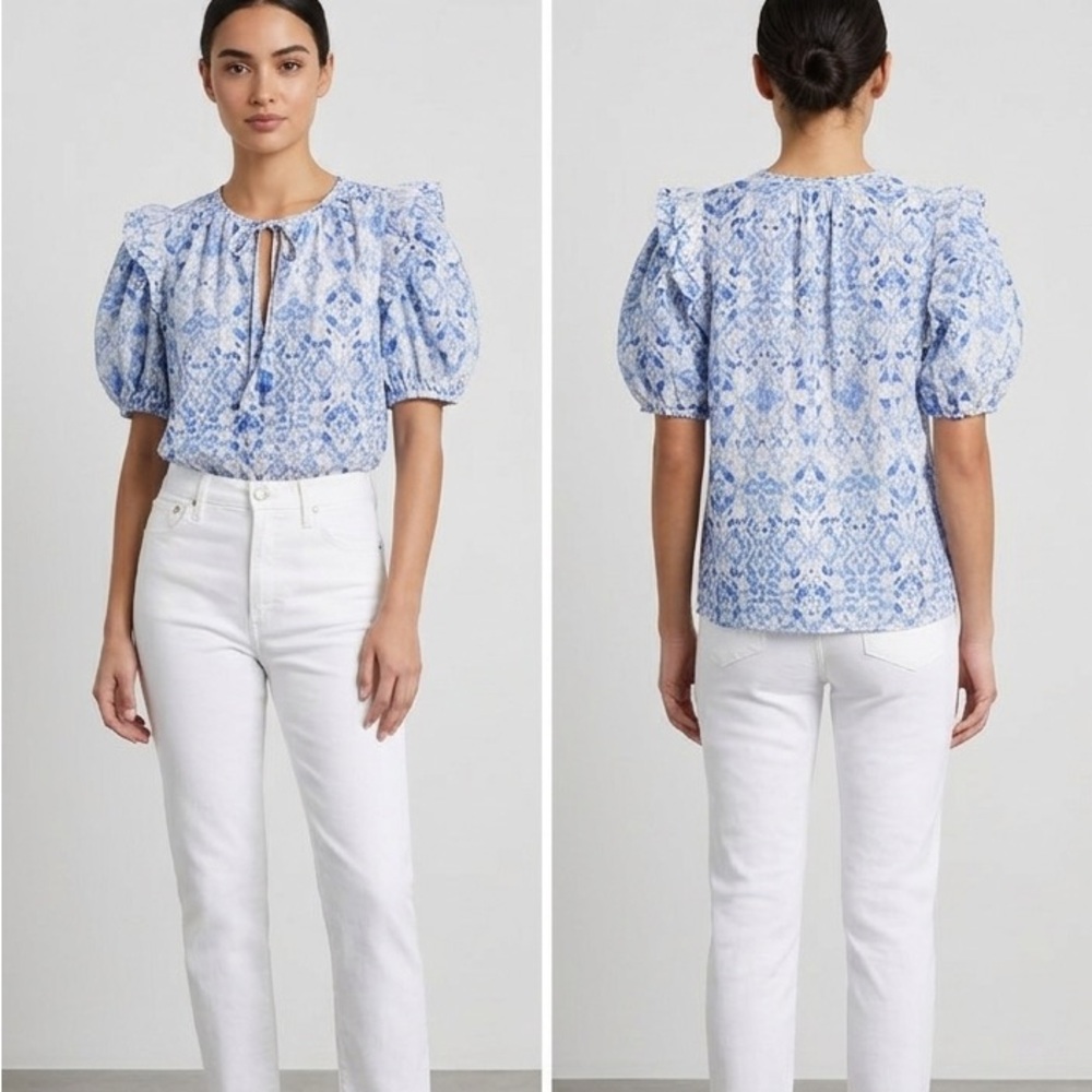 Olivaceous Blue and White Puff Sleeve Top - Picture 8 of 8